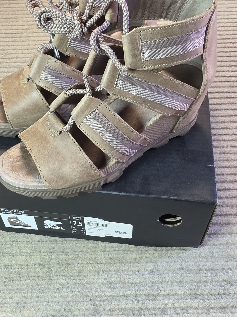 Sorel Joanie II Leather Lace Up Wedge Heel Sandals Shoes Womens Sz 7.5 Brown